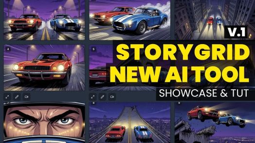 Giao diện Story Grid hiển thị bố cục 2x2 để đảm bảo nh&acirc;n vật nhất qu&aacute;n qua c&aacute;c cảnh, với c&aacute;c n&uacute;t điều khiển tỷ lệ khung h&igrave;nh v&agrave; phong c&aacute;ch.