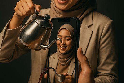 Bên Trong Màn Hình: Cà Phê Được Rót Từ Thế Giới Ảo, Một Prompt Đầy Sáng Tạo!