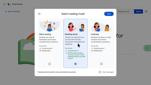 T&iacute;nh năng Đọc theo của Google Classroom giới thiệu ba chế độ đọc: Đọc thầm, Đọc to v&agrave; Nghe, với th&ocirc;ng tin chi tiết về việc theo d&otilde;i dữ liệu cho từng chế độ. H&igrave;nh ảnh hiển thị c&aacute;c t&ugrave;y chọn "Chọn chế độ đọc" của Google Classroom trong c&ocirc;ng cụ Đọc theo. N&oacute; n&ecirc;u bật c&aacute;ch gi&aacute;o vi&ecirc;n c&oacute; thể chọn giữa đọc thầm, đọc to với sự trợ gi&uacute;p trực tiếp hoặc nghe tường thuật bằng &acirc;m thanh, n&ecirc;u chi tiết loại hiểu v&agrave; dữ liệu đọc được thu thập cho từng chế độ.