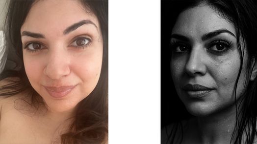 Ariane Sherine selfie (left) and black and white ChatGPT generated image (right)