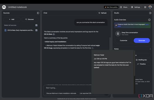 Tr&iacute;ch dẫn NotebookLM về một cuộc tr&ograve; chuyện tr&ecirc;n Slack