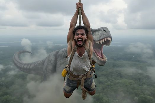 Ác mộng Jurassic: Người đàn ông tuyệt vọng treo mình trên trực thăng và T-Rex khổng lồ.