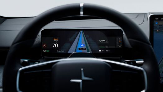 Polestar Google Maps Lane Guidance on drivers display behind steering wheel