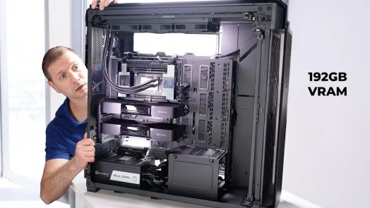 Góc nhìn rộng của một máy trạm Threadripper 9970X với hai card RTX 6000 được cài đặt và hệ thống cáp gọn gàng