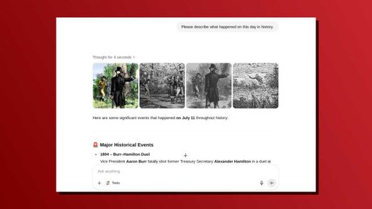 Ảnh chụp m&agrave;n h&igrave;nh c&acirc;u lệnh một d&ograve;ng của ChatGPT về ng&agrave;y n&agrave;y trong lịch sử