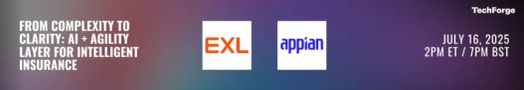 Biểu ngữ cho hội thảo trực tuyến sắp tới &ldquo;Từ phức tạp đến r&otilde; r&agrave;ng: AI + Lớp linh hoạt cho bảo hiểm th&ocirc;ng minh&rdquo; của EXL v&agrave; Appian.