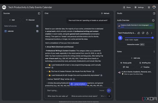 notebooklm ph&acirc;n t&iacute;ch xem t&ocirc;i d&agrave;nh bao nhi&ecirc;u thời gian cho c&ocirc;ng việc so với thời gian nghỉ ngơi