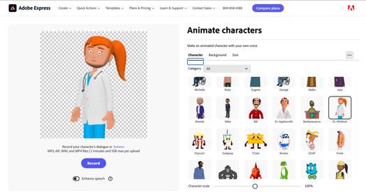 C&oacute; thể l&agrave; h&igrave;nh vẽ ngẫu hứng về 1 người v&agrave; văn bản cho biết 'Adobe Express Create Quide QuidcActions Actions Templates Plans Pns&Pricing Pricing Leam Support ContactSales BOD-H 61H8 Compare plans Animate characters Make arimated character with thyo Natemarinadatero our o&nu;/&eta; oice Character Background Size Category AH Mchelle Ruby E&upsilon;Ae&pi;e George Nadia Apla MP3 Brenda Mke Record your character's dialogue eor or browse WAM MP4tles| minutesan 1GBn BI Dr. DrApplemith upload Record Earbarazaurus Or. Dr.Whitlack ចទន Popeom Sodapep Enhancespeech ? Ticket Rocke GOIAT Frark Charcterscale 100%'