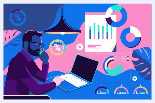 Businessman interacting with charts and analysing statistics and data. Landing page template.