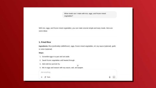 Ảnh chụp m&agrave;n h&igrave;nh c&acirc;u lệnh một d&ograve;ng của ChatGPT về &yacute; tưởng bữa ăn từ c&aacute;c nguy&ecirc;n liệu