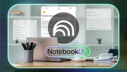 Một bàn làm việc với máy tính xách tay và các vật dụng văn phòng khác, với logo NotebookLM ở giữa.