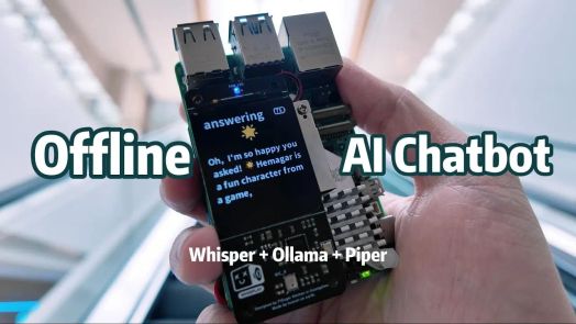Người dùng nói chuyện với thiết bị Pi 5 nhỏ trong khi Piper trả lời bằng giọng nói qua loa mà không cần kết nối internet.