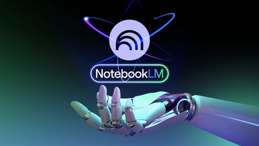Một bàn tay robot vươn ra với logo NotebookLM nổi phía trên.